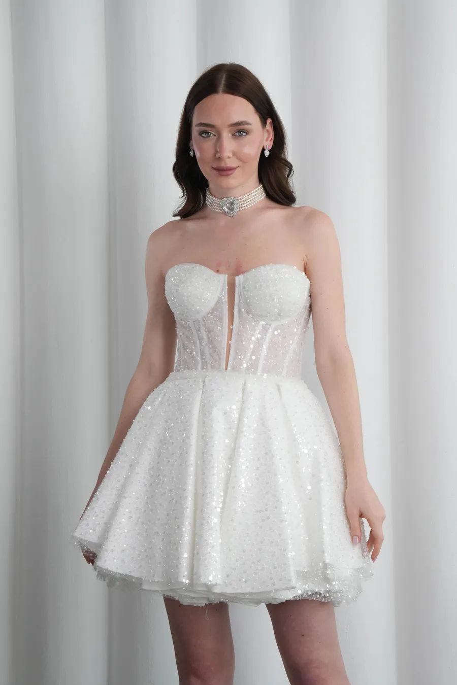 Beyaz Mini After Elbise