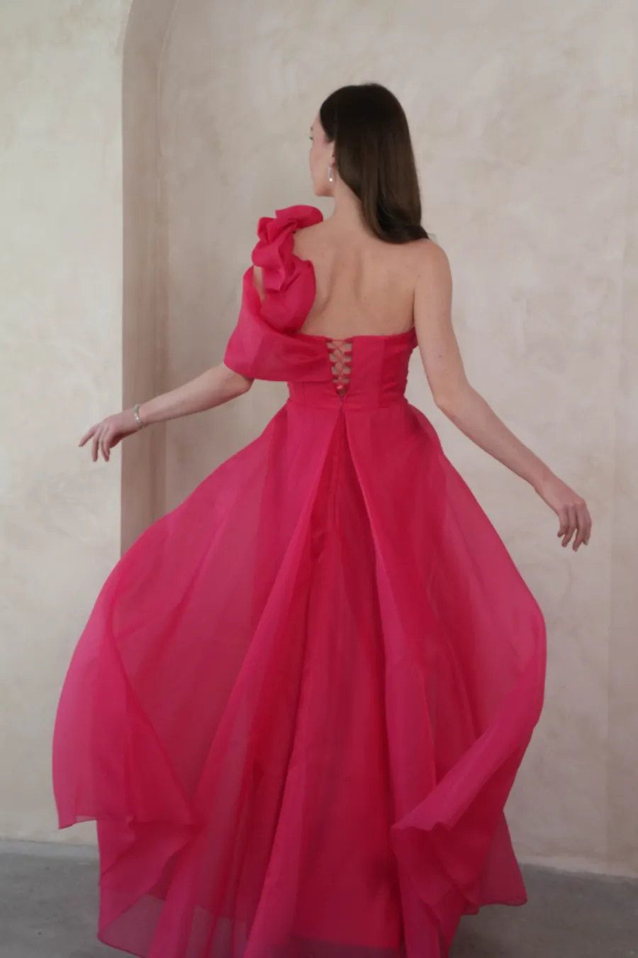 Fuşya Uzun Şifon Elbise