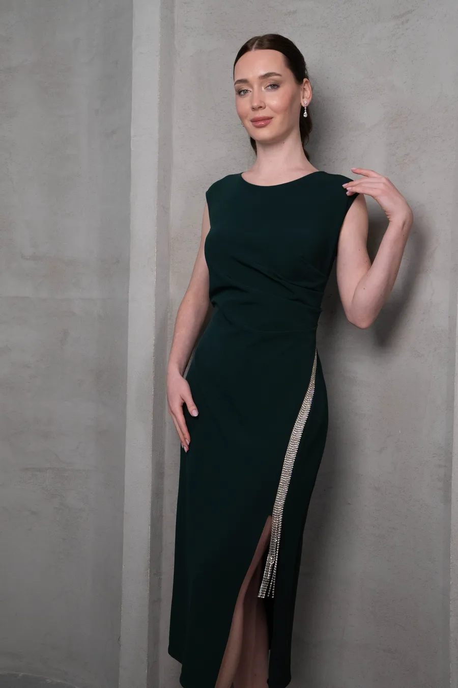 Gri Taş Detaylı Haki Elbise