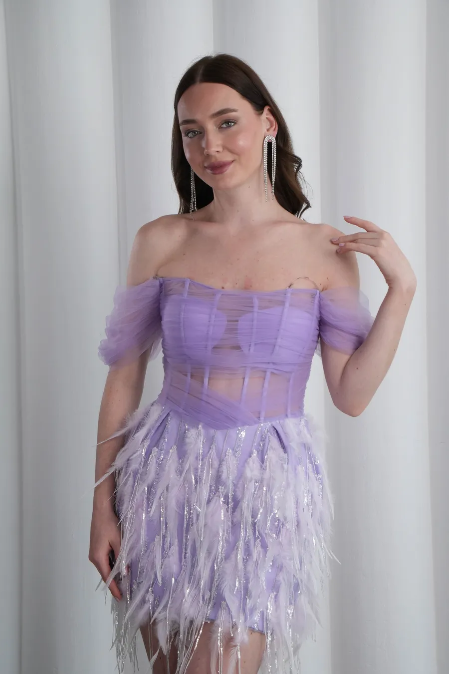 Otriş Detaylı Lila Mini Elbise