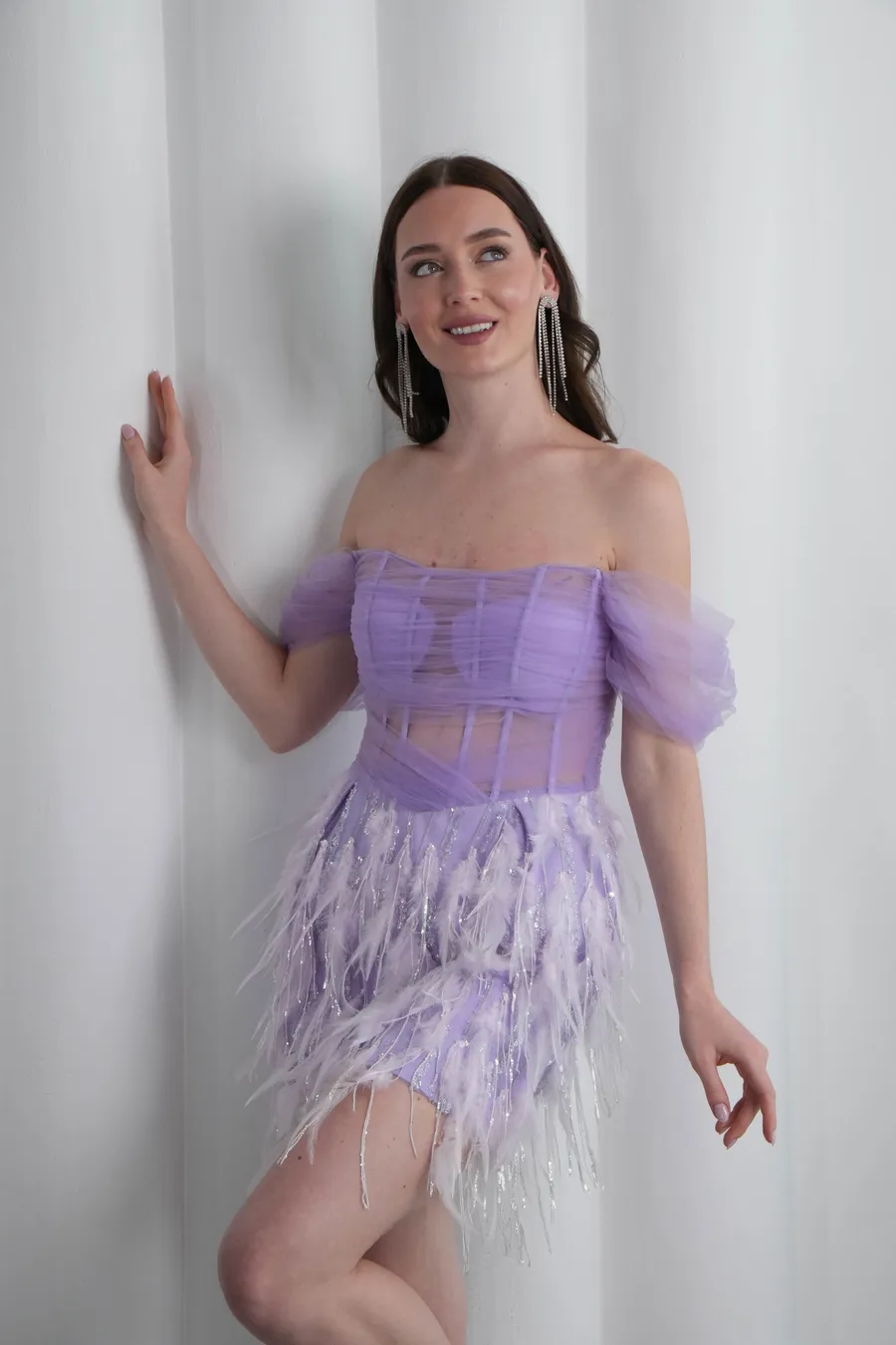 Otriş Detaylı Lila Mini Elbise