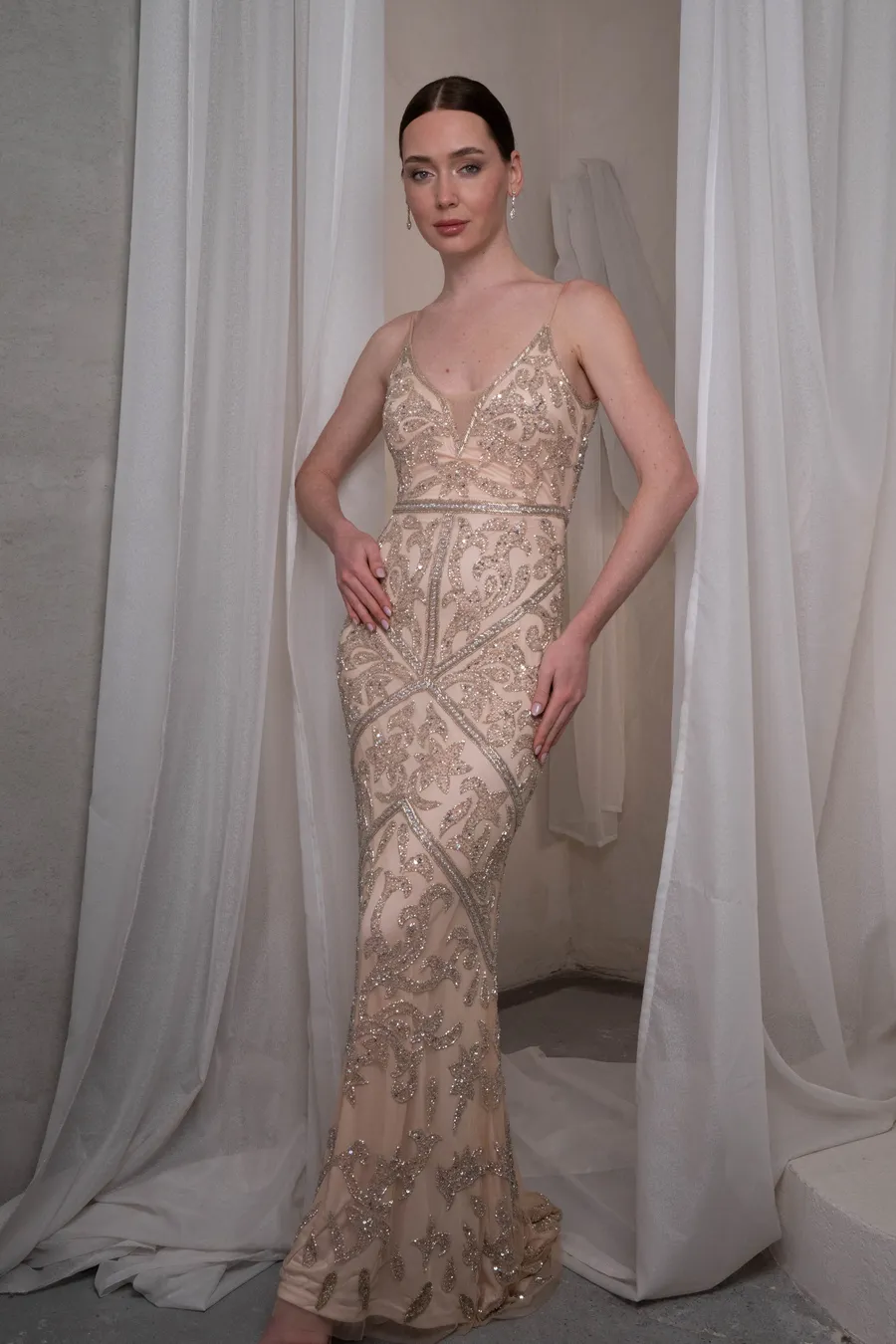 Somon Rengi Taş İşlemeli Uzun Elbise