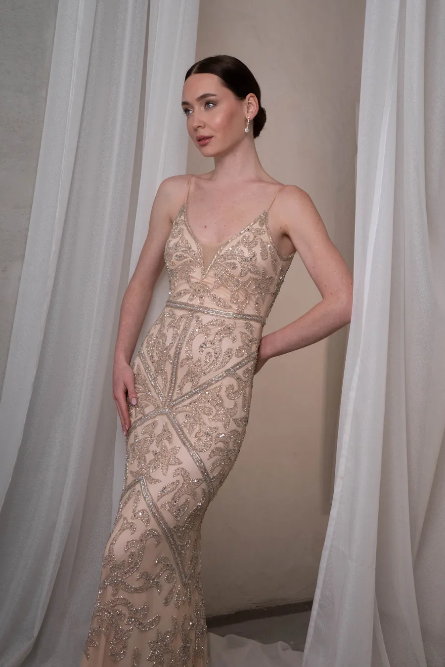 Somon Rengi Taş İşlemeli Uzun Elbise