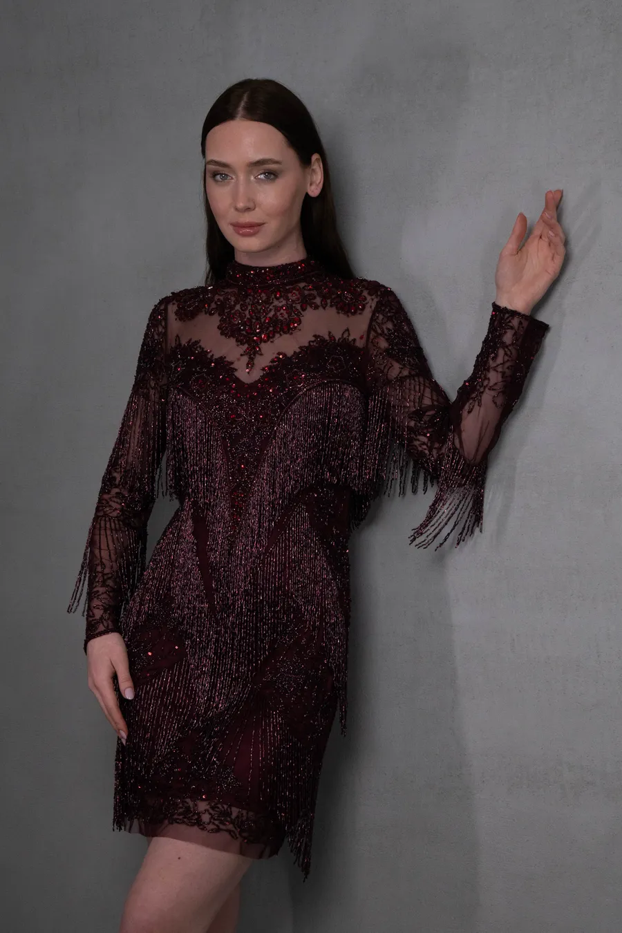 Taş İşlemeli Bordo Tasarım Elbise