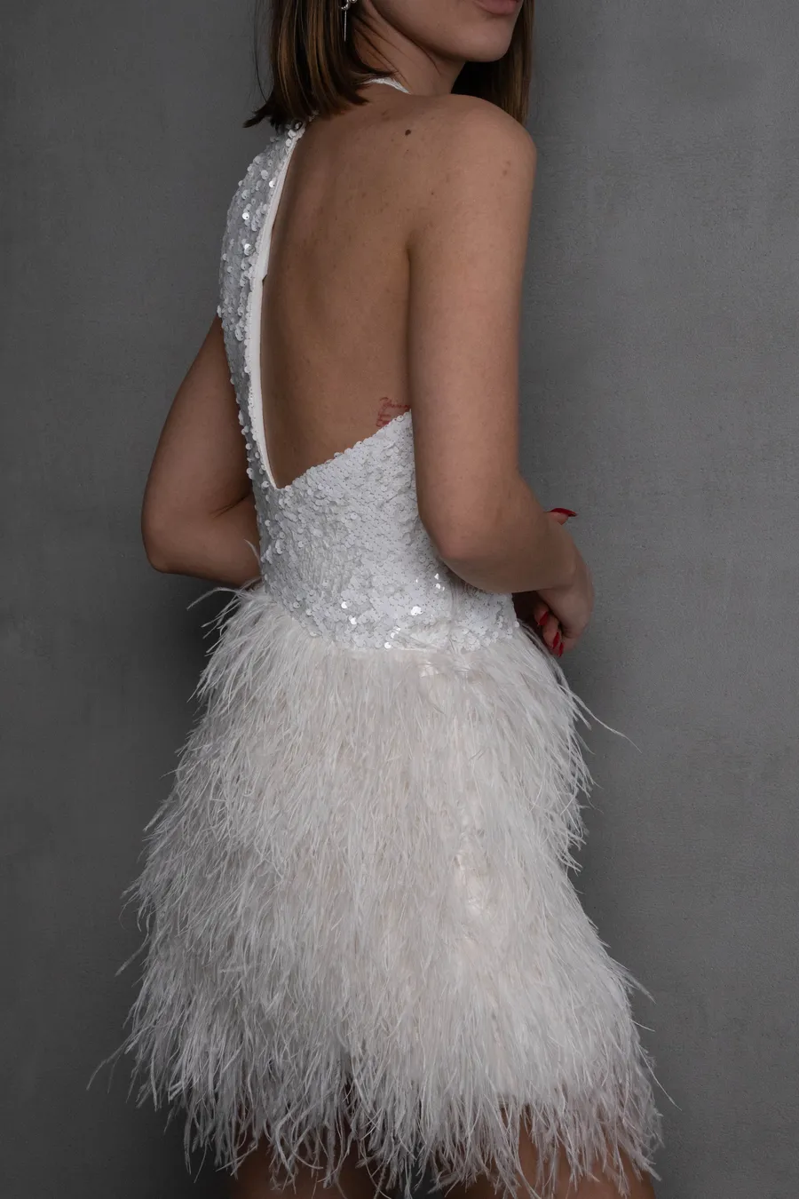 Otriş Detaylı Beyaz Mini Elbise