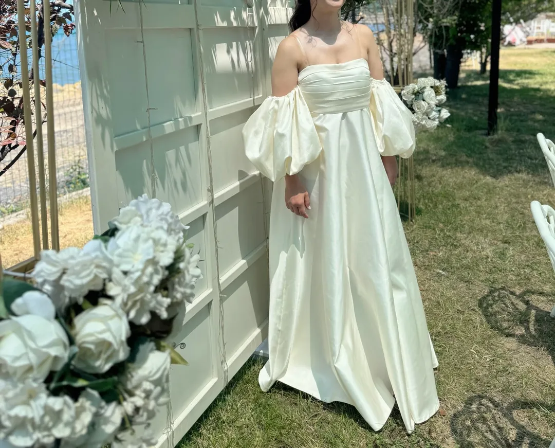 Balon Kol Uzun Krem Elbise