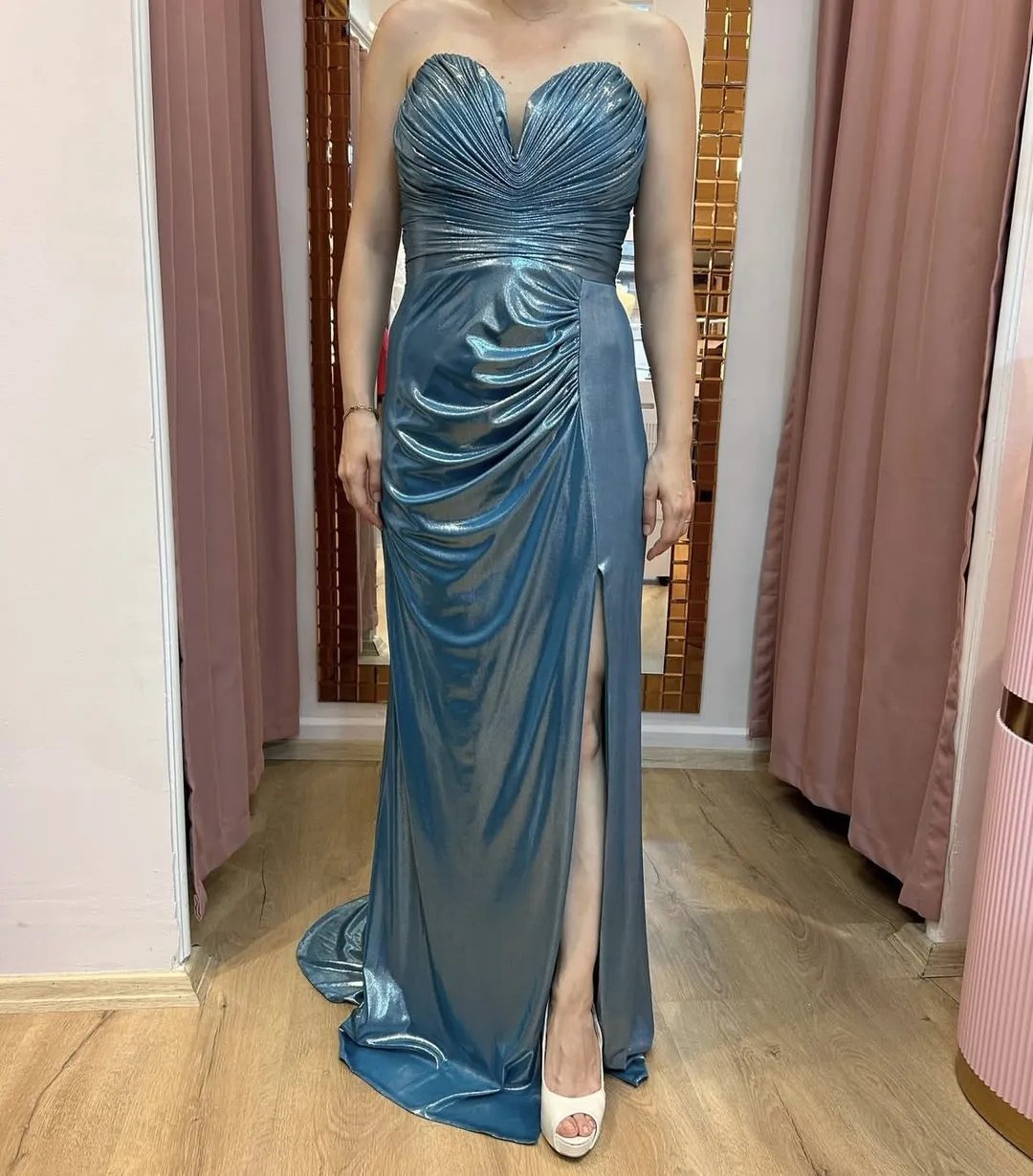 Petrol Mavisi Uzun Elbise