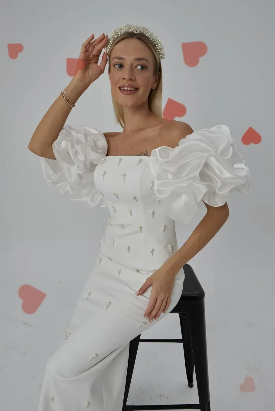 Balon Kol Detaylı İncili Beyaz Elbise