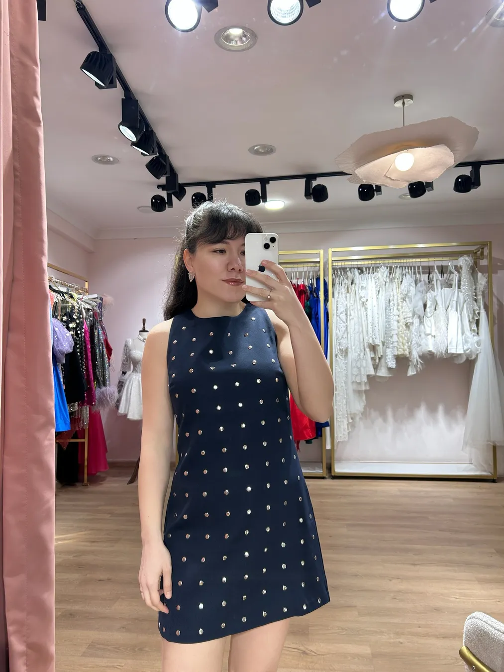 Gümüş Taş Detaylı Lacivert Elbise